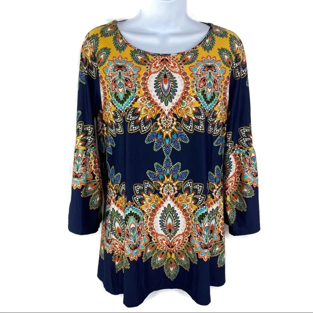 NWT Melissa Paige Boho Floral Peacock Top With Bell Sleeves Medium